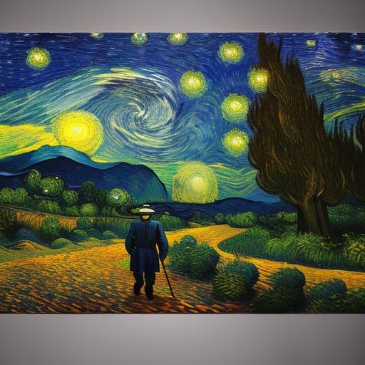 vincent van gogh, starry night, astronaut, flying saucer, detailed matte painting, deep color, fantastical, ...  by @ukimalefu