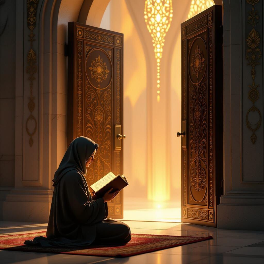 Person Praying as Gate Opens in Klimt-Inspired Style