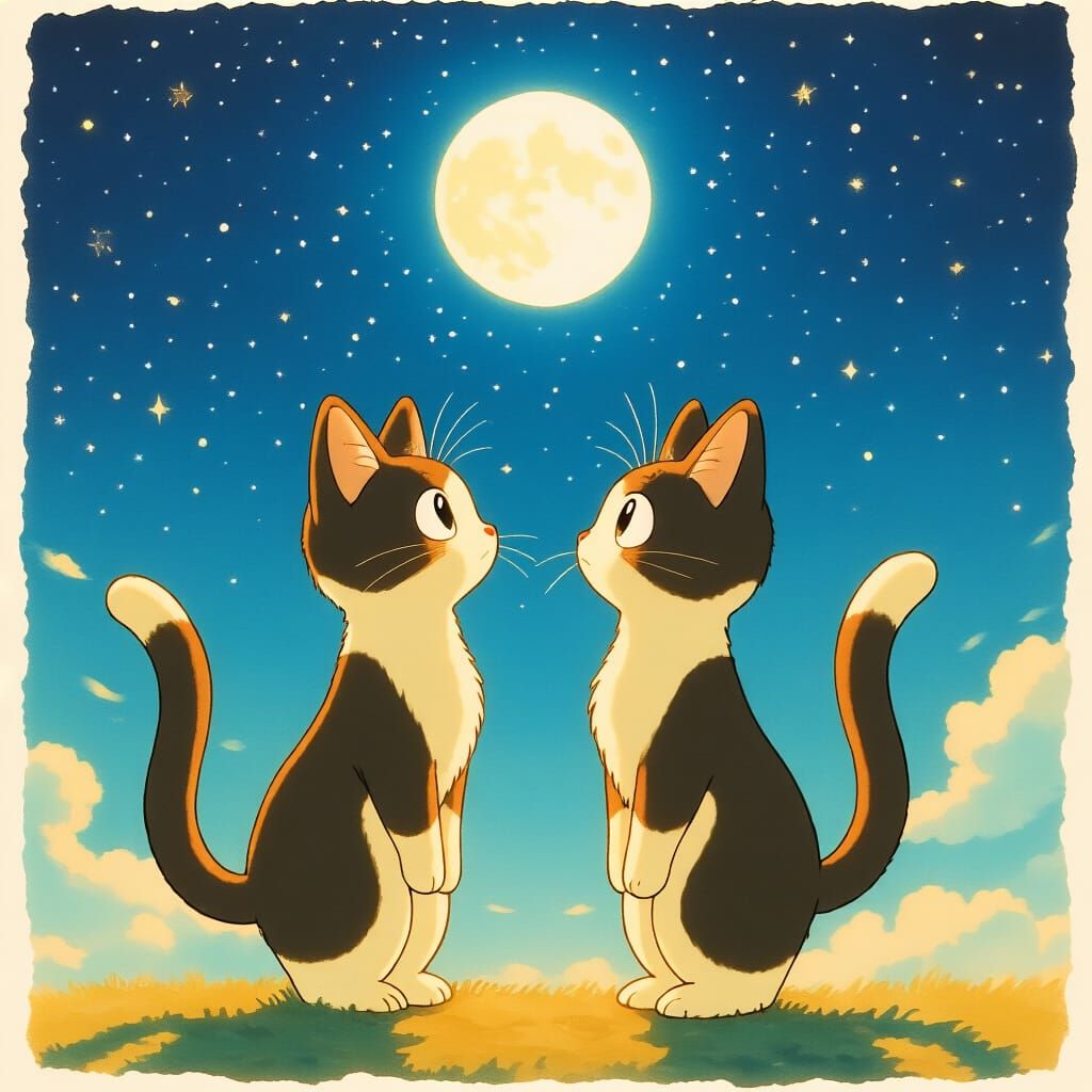 Two Cats Under Moonlight Sky in Miyazaki Style
