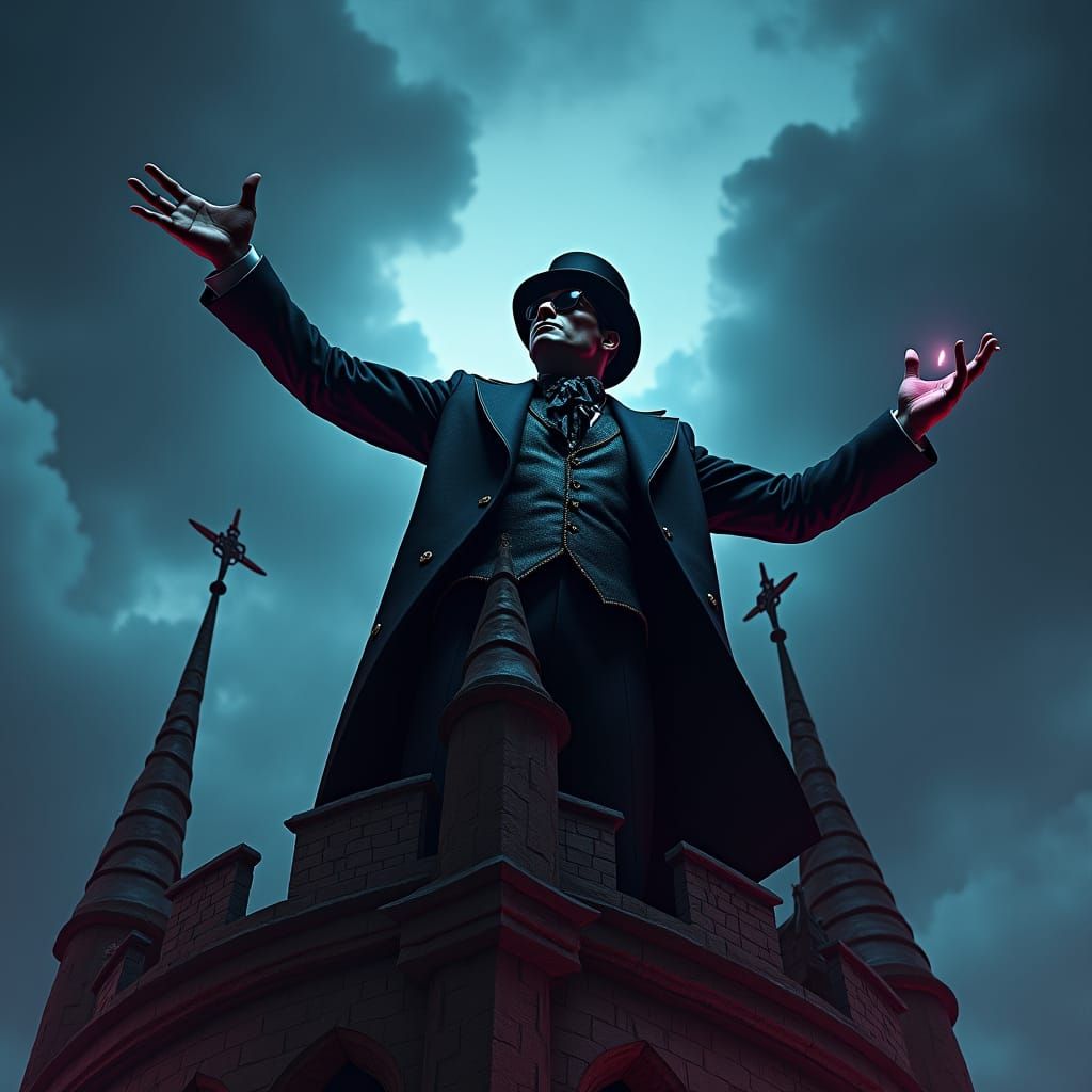 Baron Samedi on top of a medieval tower, with arms up in dir...