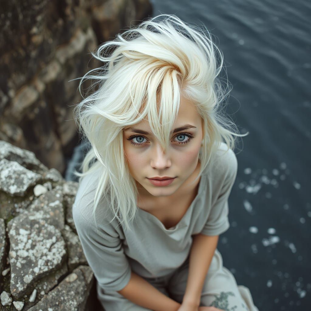 Albino Woman on Cliffs Overlooking Wavy Sea
