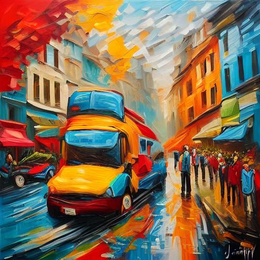 <lora:Impasto15:1.0>  busy streets sunny day bold color colorful vibrant 