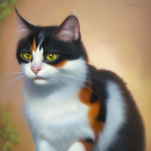 A portrait of a calico cat in oil on canvas, deep color, dig...