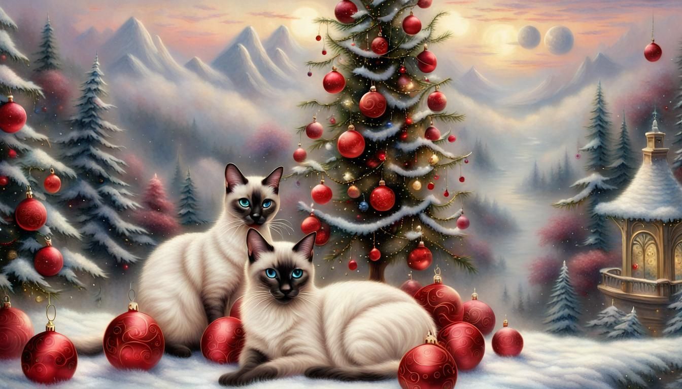 white Siamese Cats christmas tree with red balls ethereal fa...