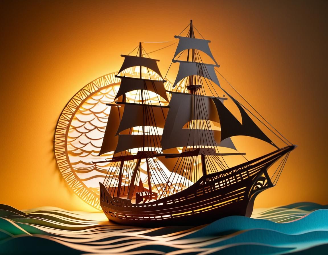 Kirigami paper cut image of a sailing boat on the ocean, int...