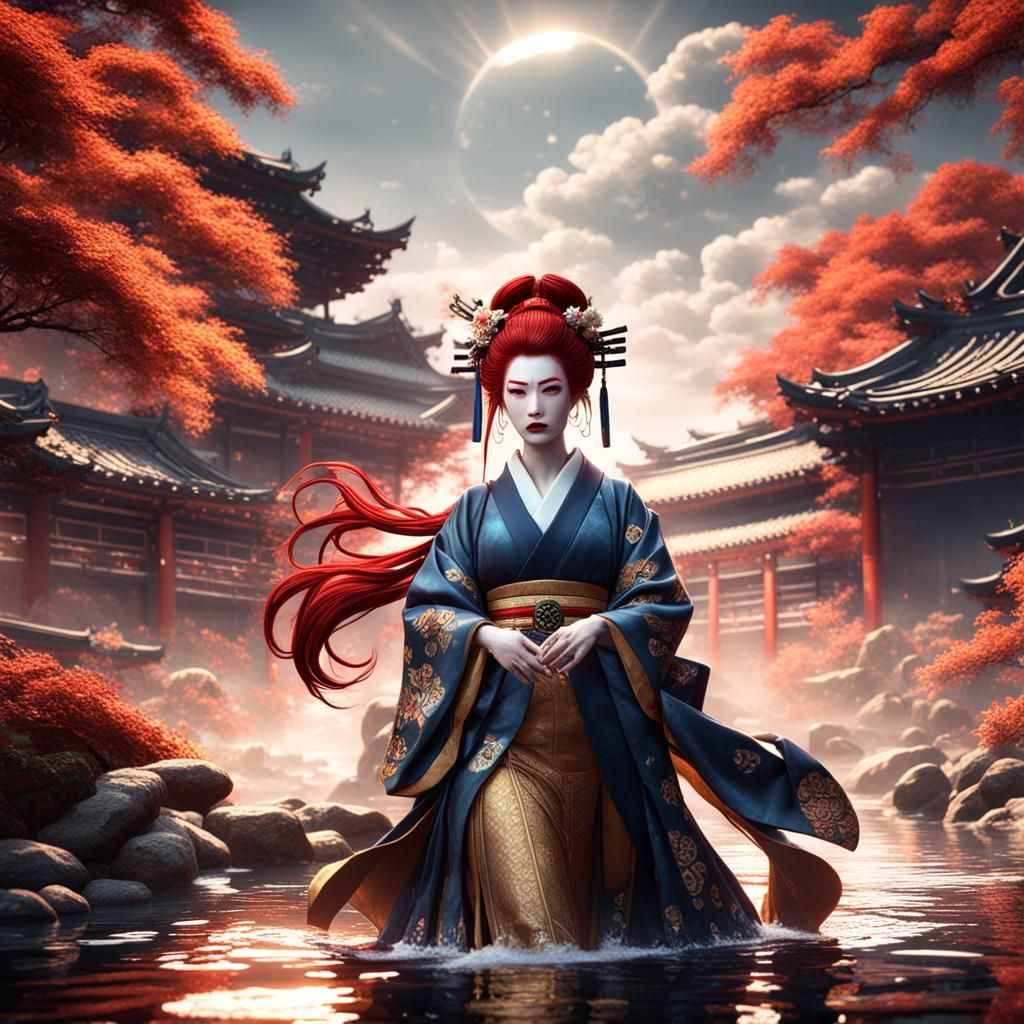 Red-haired Geisha, iris, sun, water