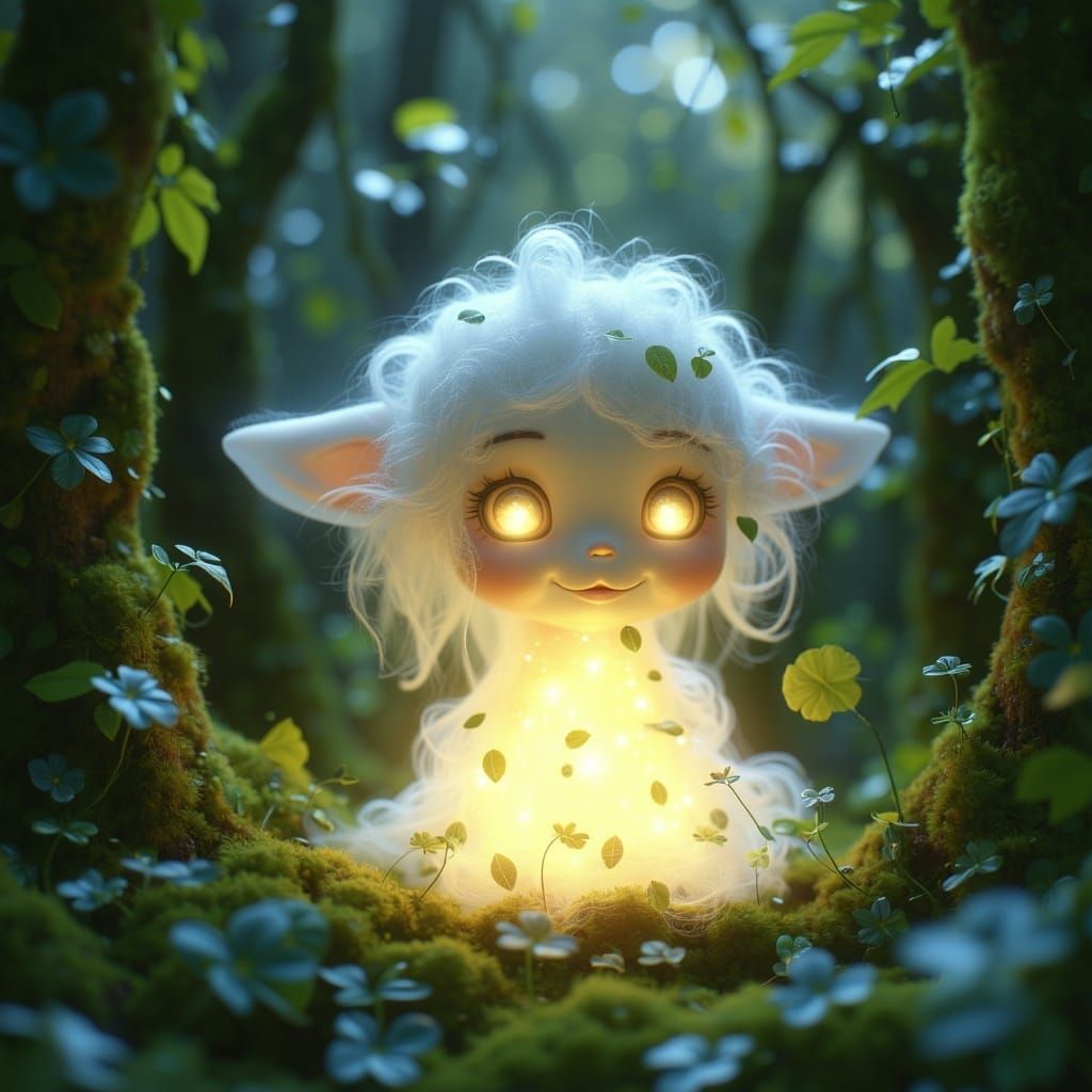  <lora:MJ6 Cuties:1.0> A cute and adorable translucent doll-like forest spirit made of glowing light, covered in white tulle with small gree...