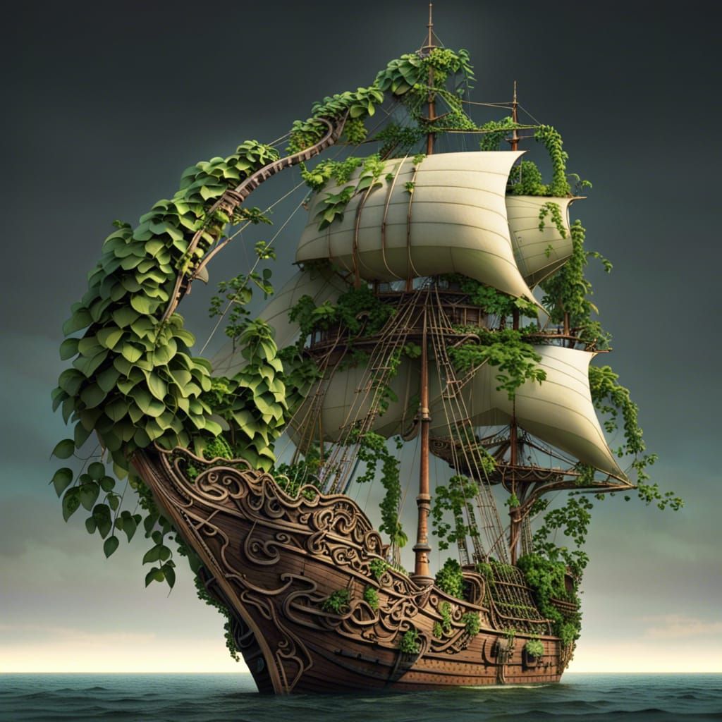 Sailing ship, covered with vines and plants