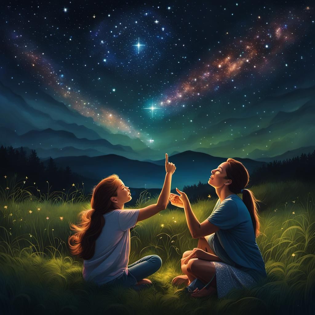 🏳️Young girl and her mother sitting in the grass looking, in wonder, at the night sky full of extremely ...  by @Lady of the Thorns