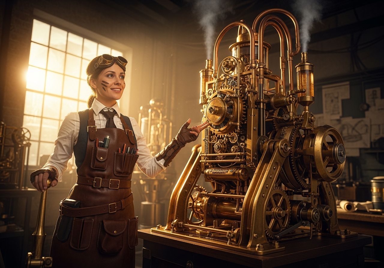 A pretty female steampunk scientist demonstrating her huge, super complex mechanical computer. Photorealistic.