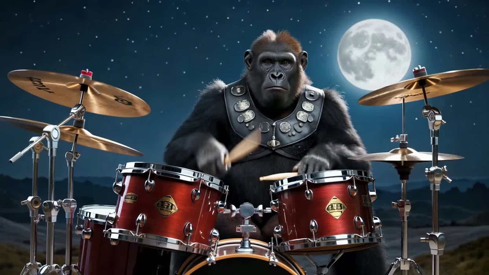 A GORILLA PLAYING DRUMS TO A HEAVY METAL SONG UNDER A FULL MOON IN A STARLIT SKY
