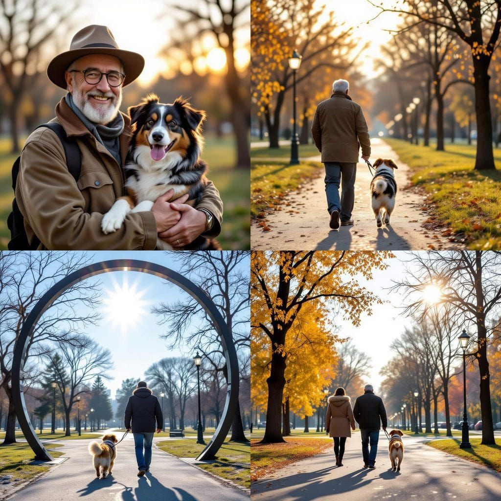 Elderly Man Walks Dog in Park Under Blue Skies