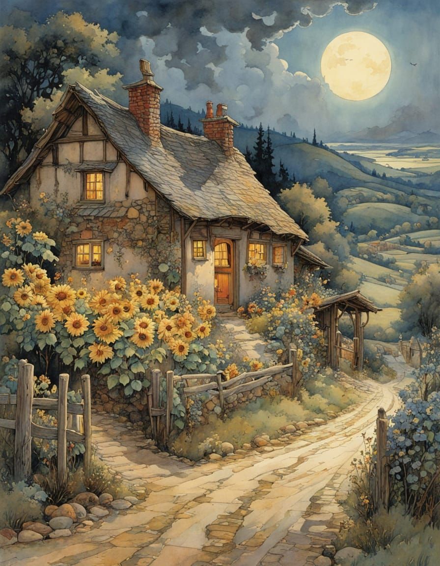 Night Over Rustic Village: Storybook Illustration