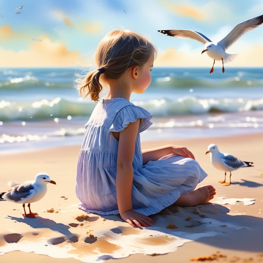 Little Girl on Beach in Watercolor Style