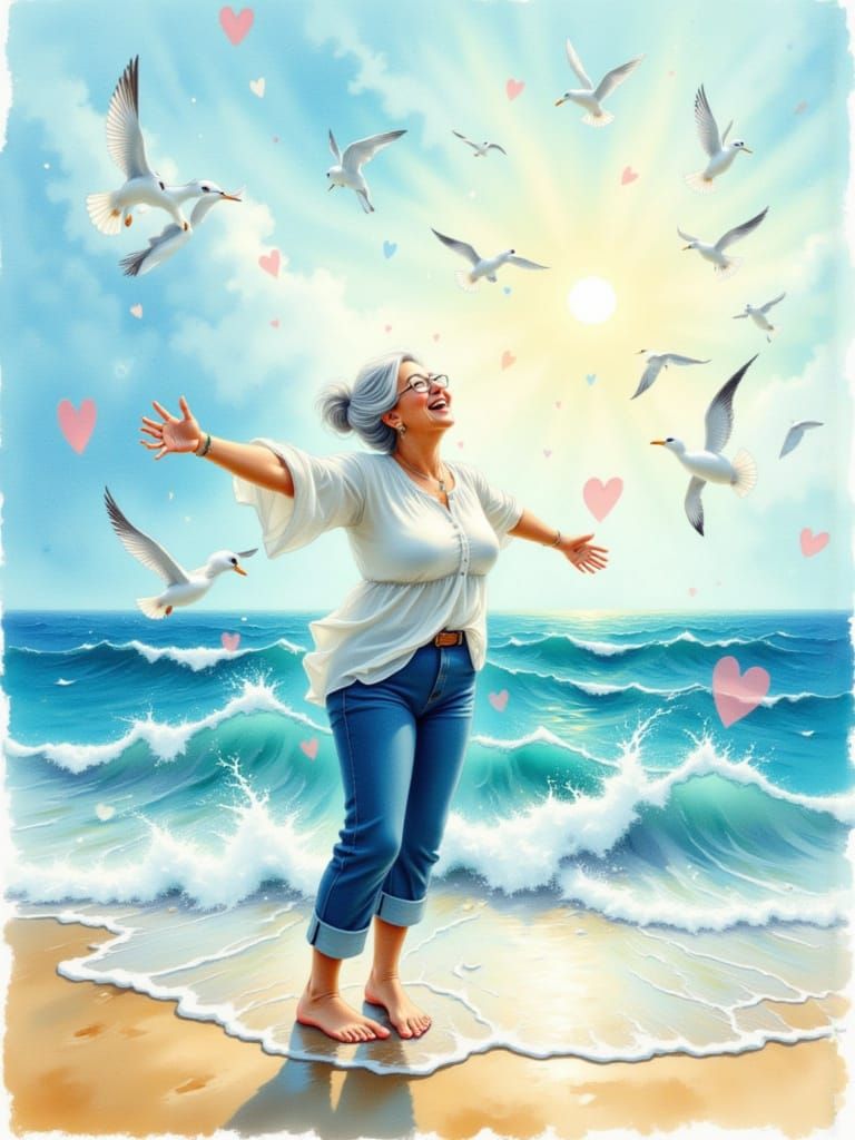 Elderly Woman Embraces Ocean in Watercolor Style