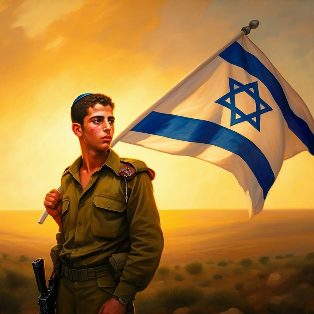 Israeli Soldier Raises Flag at Sunrise, Gottfried Bammes Sty...