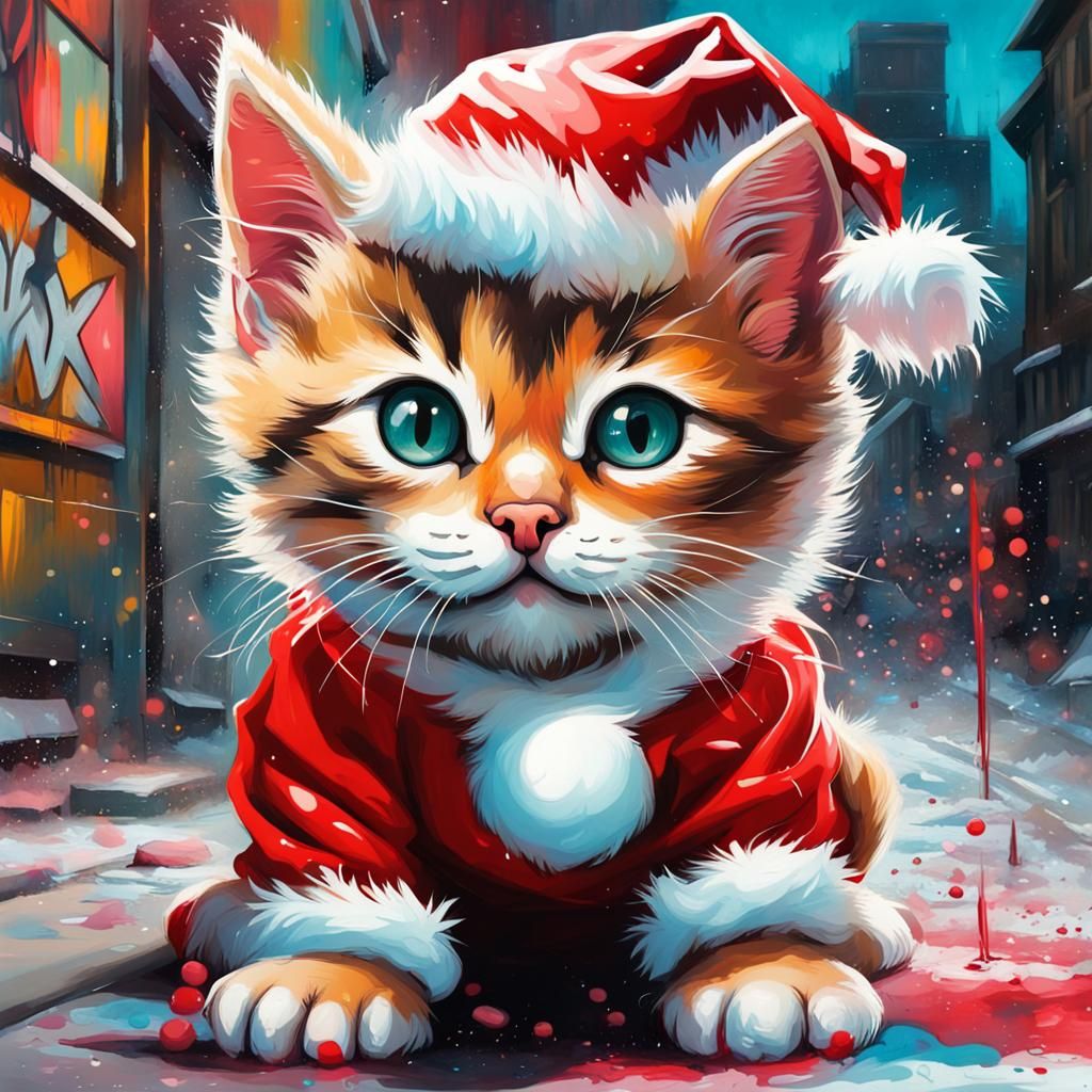 Kitten in a Santa Claus costume.