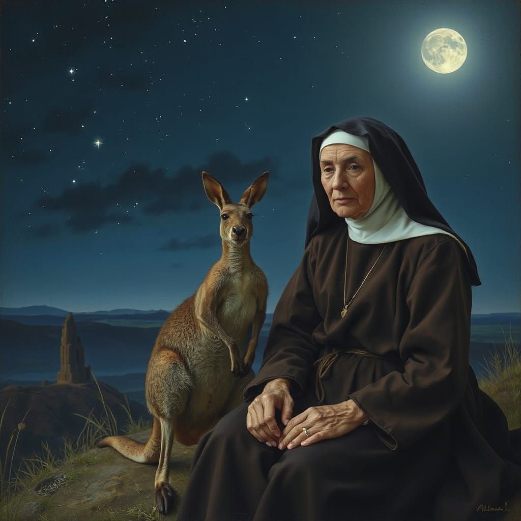 A wise old nun, her face etched with kindness, shares a quiet moment with a gentle kangaroo under a starry, atmospheric sky. They are seated...