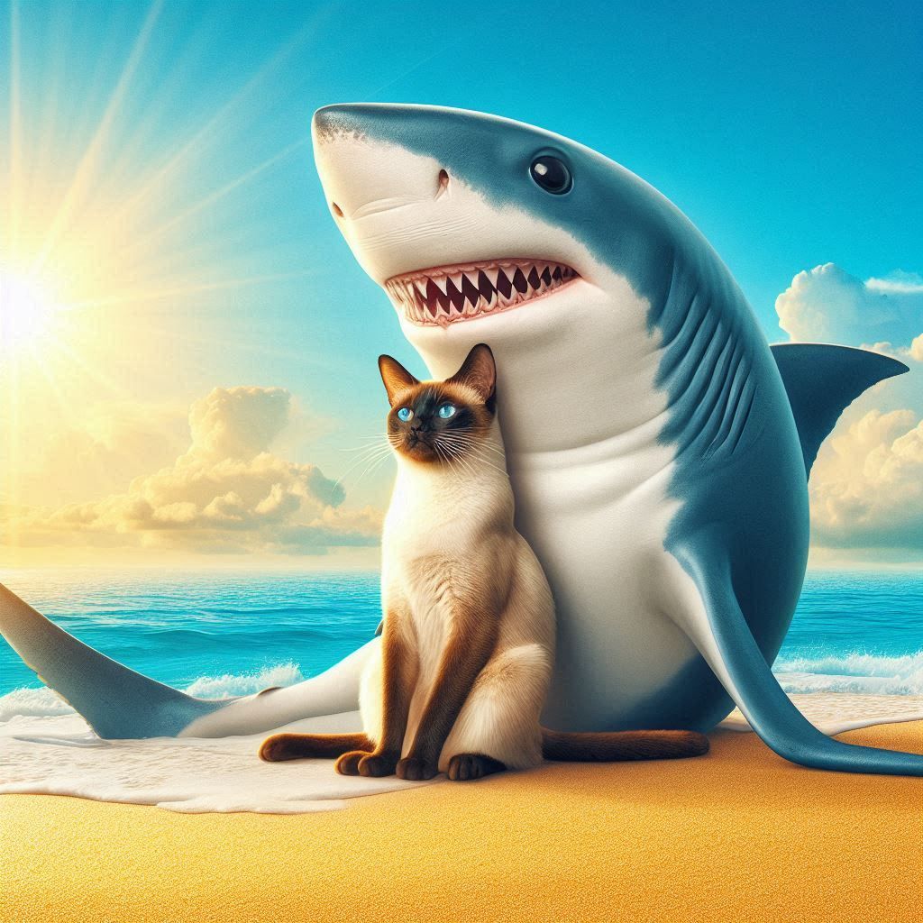 friendship between a cat and a shark. posing for their picture being taken!
