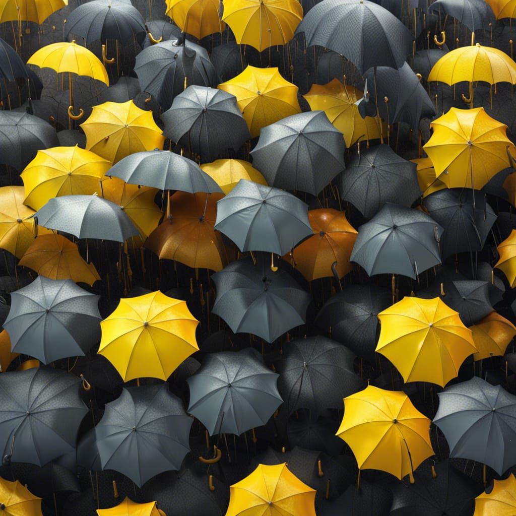 a crowd of umbrellas that are grey with one bright yellow umbrella AI
