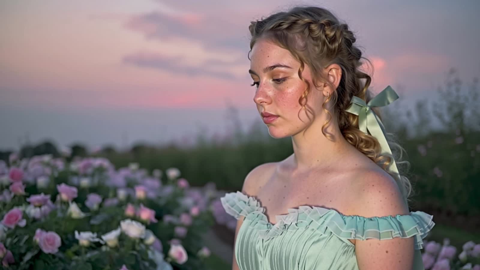 Beautiful delicate freckles, dressed paint splatter/dripping paint with soft curls of golden hair tied back loosely with...