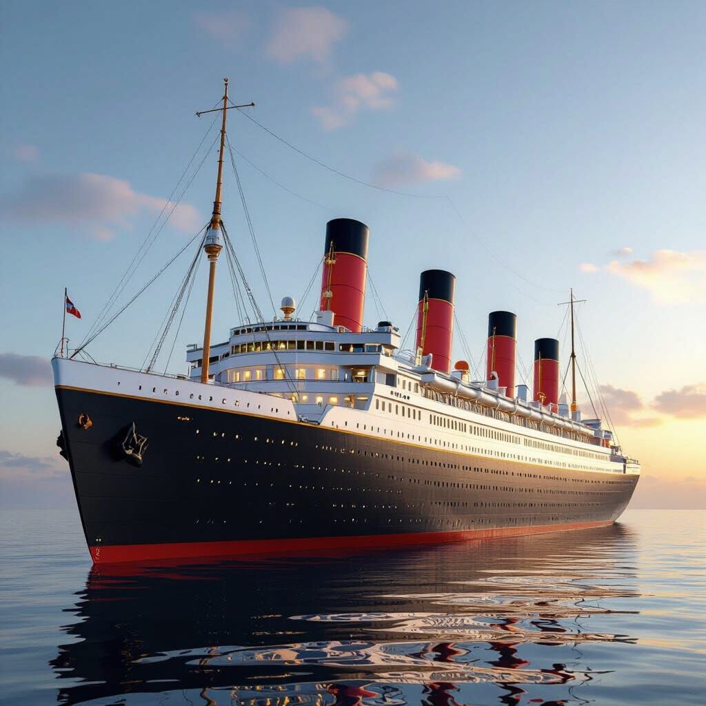 “A majestic hybrid ocean liner named R.M.S. Britania, combining the elegance of early 20th-century liners with modern design. Titanic-inspir...