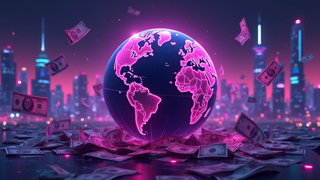 Create this imge: Cartoon-style YouTube thumbnail background featuring a futuristic world globe made of neon lights(MADE OF THIS COLOR #8528...