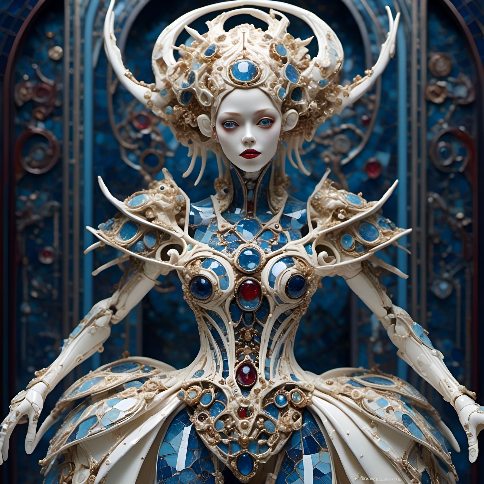 <lora:Mosaic Jewels:1.0> (Biomechanical Porcelain) Dress worn by a beautiful alien queen (((Polychromatic Color Flare))) 