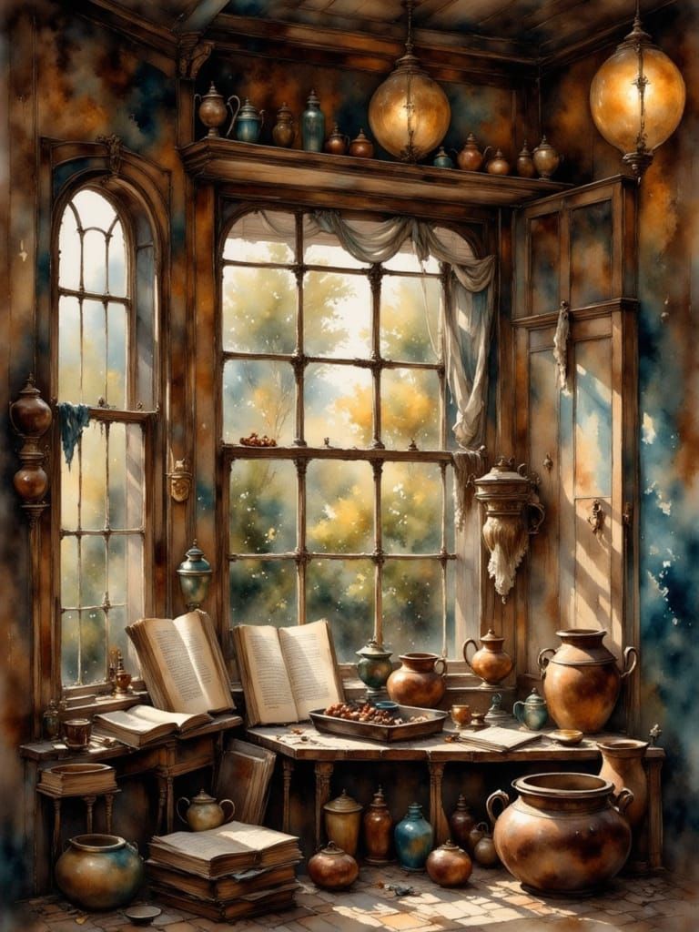 Ancient Parchment and Alchemical Tools in Watercolor Style