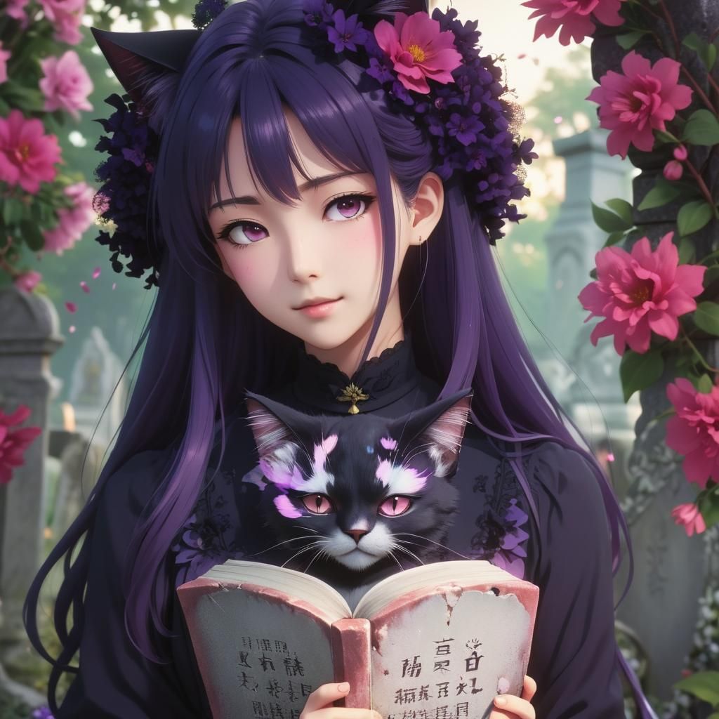 Manga Portrait: Woman, Cat, Flowers, Tombstone