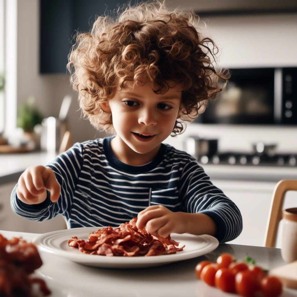 Boy stealing bacon from the family's breakfast plate!