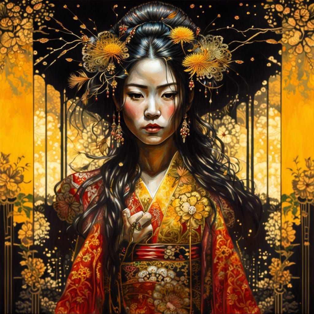 Ornate Geisha with Mirrored Reflection in Dark Fantasy Style