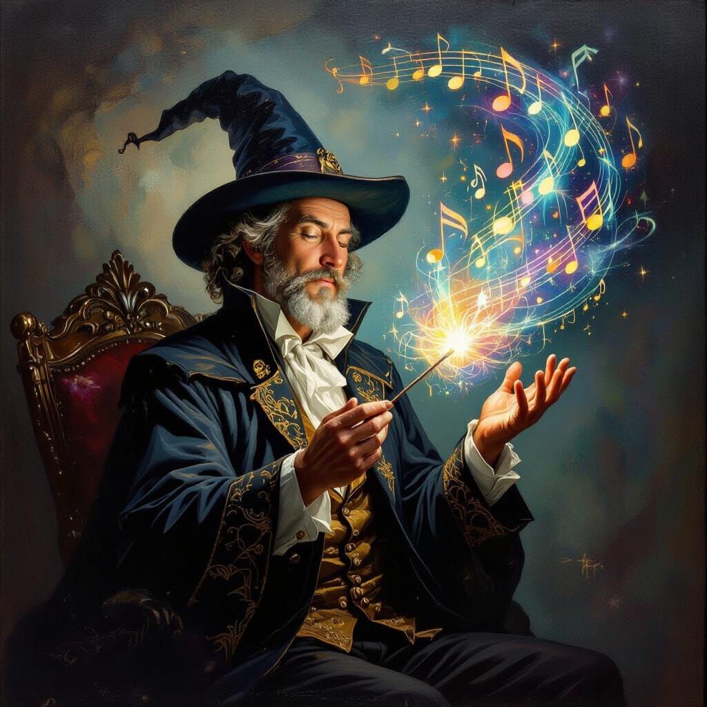Masterpiece, romanticism oil painting.   A magician playing magical music.