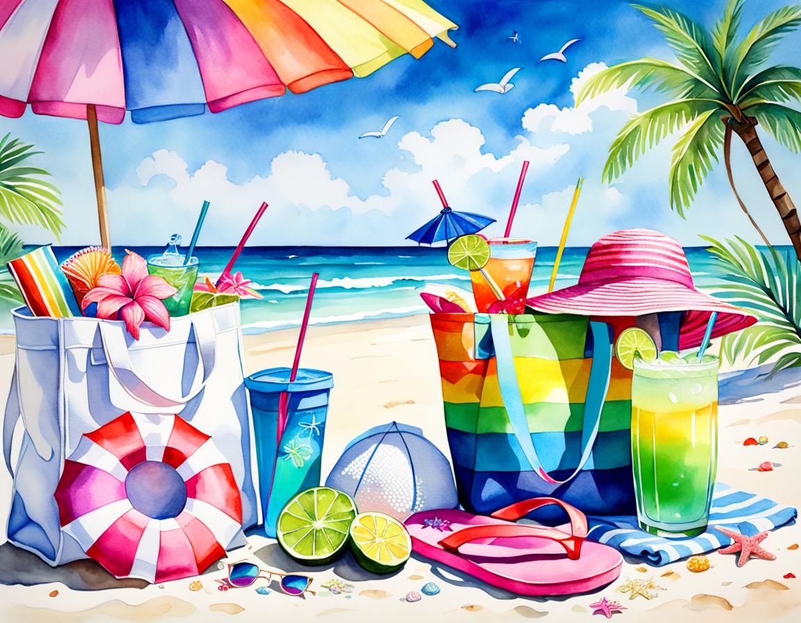 vibrant watercolor of a beach scene still life. Include a wh...