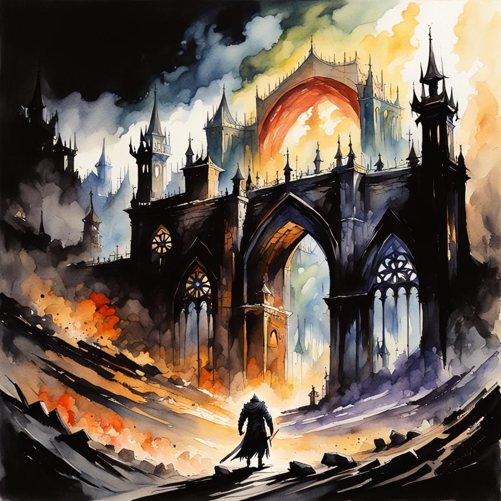 Dynamic Watercolor Elden Ring Souls-Like Painting