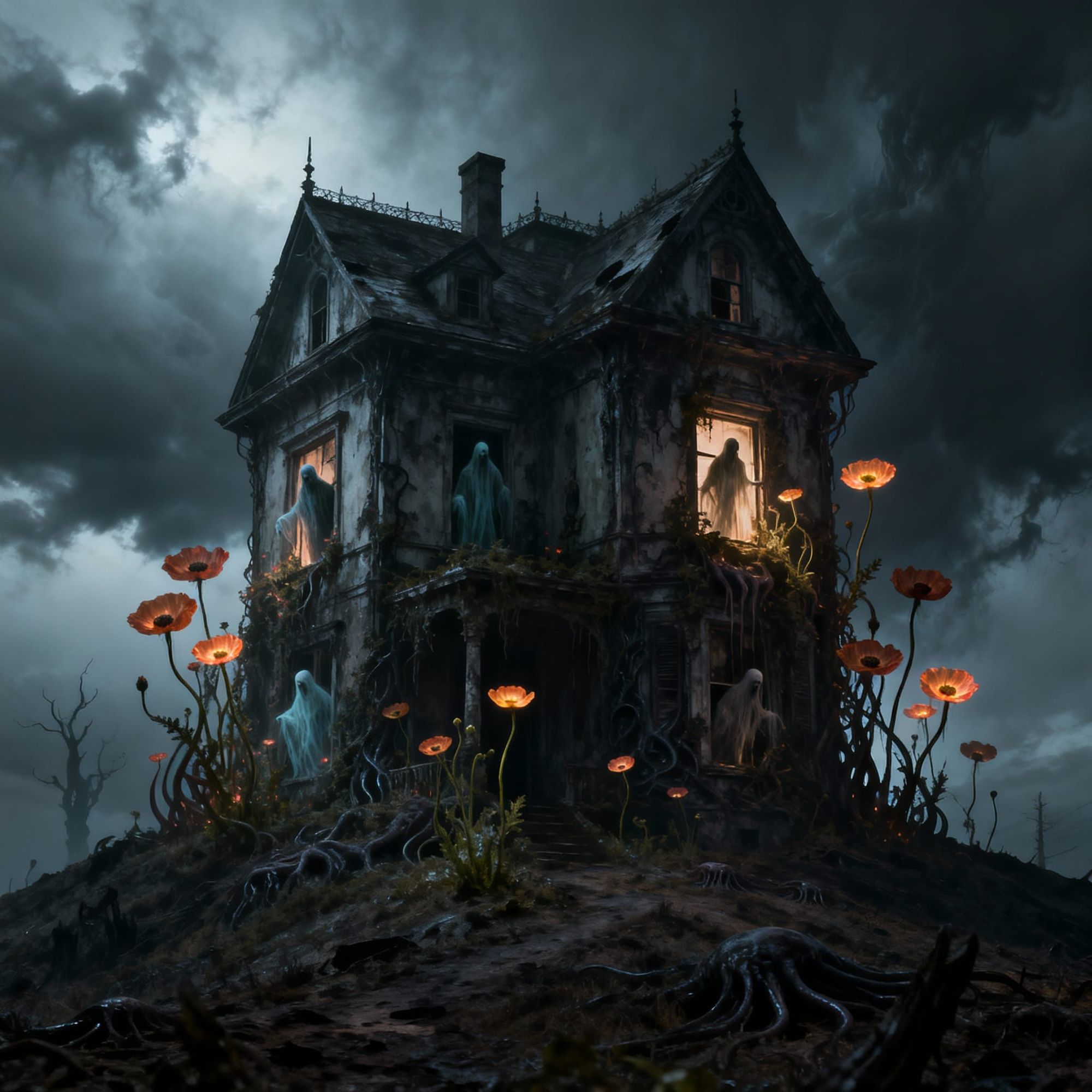 A wide shot showcases a decaying Victorian mansion on a desolate hill, spectral figures appearing from windows. Luminescent poppies and dram...