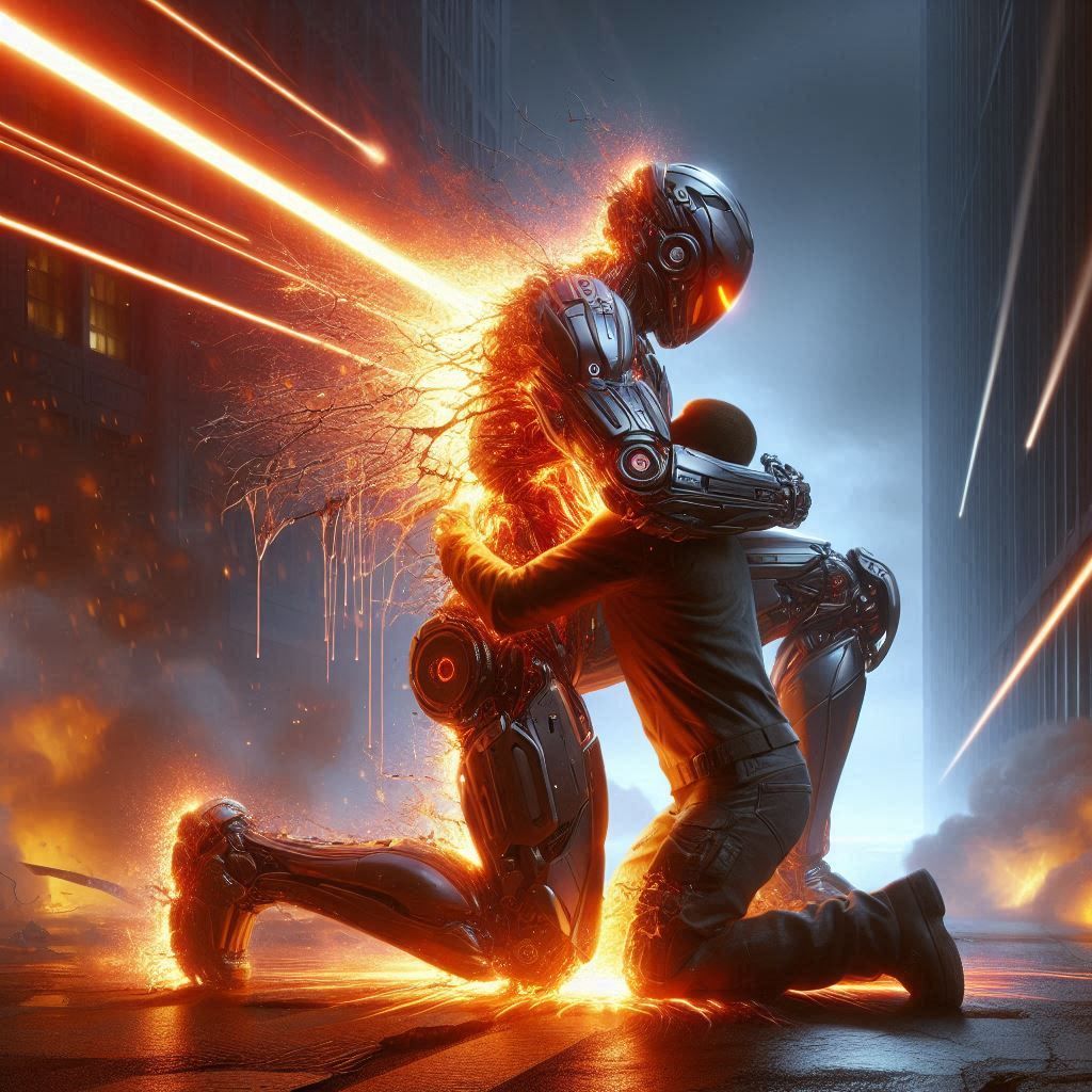 Dying Soldier protecting person from destructive energy Blas...