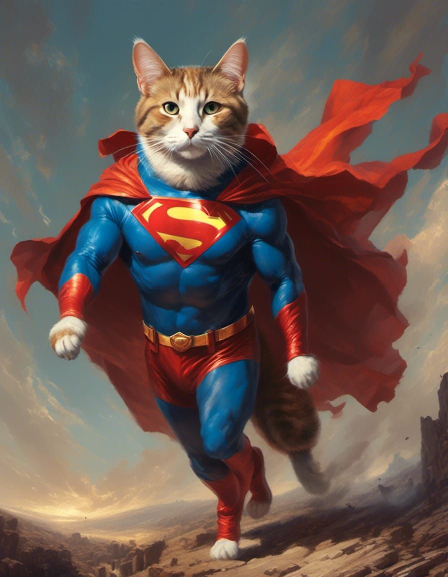 <lora:firey:1.0> a cat dressed as superman, concept art, pai...