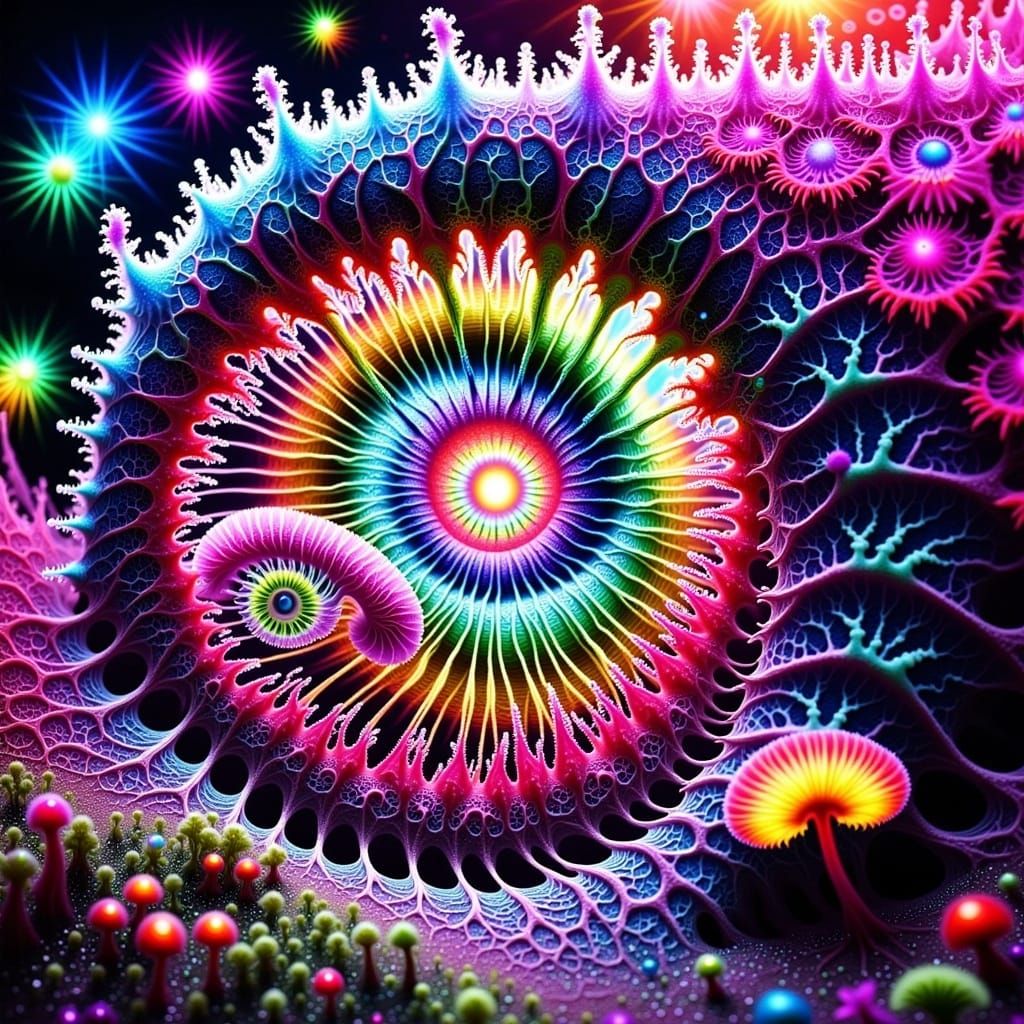 <lora:Intricacy Vibe:1.0> 3D INFINITE DEPTH ALIEN LANDSCAPE MAGNIFICENT EXQUISITELY BEAUTIFUL BRIGHTEST FRACTAL WEBS NETS STRING CRACKLE psy...