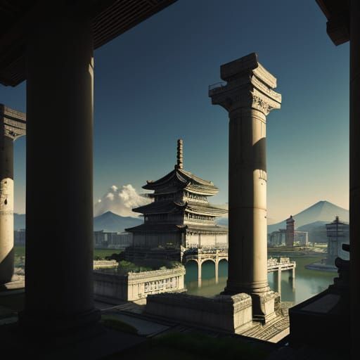 Vivid ukiyo-e colours white & Golden colours Futuristic Roman Empire..  vivid colours & vintage colours. And peoples are lives around. Agora...