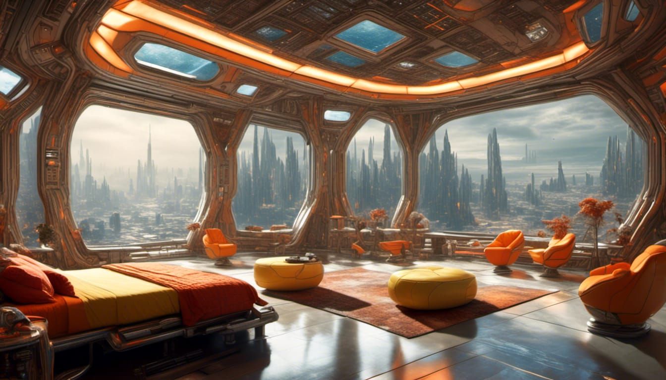 a large <lora:Sci-Fi Rooms:1.0> room outlooking a vast alien landscaped dotted with a metropolis, orange, yellow, red, white hues