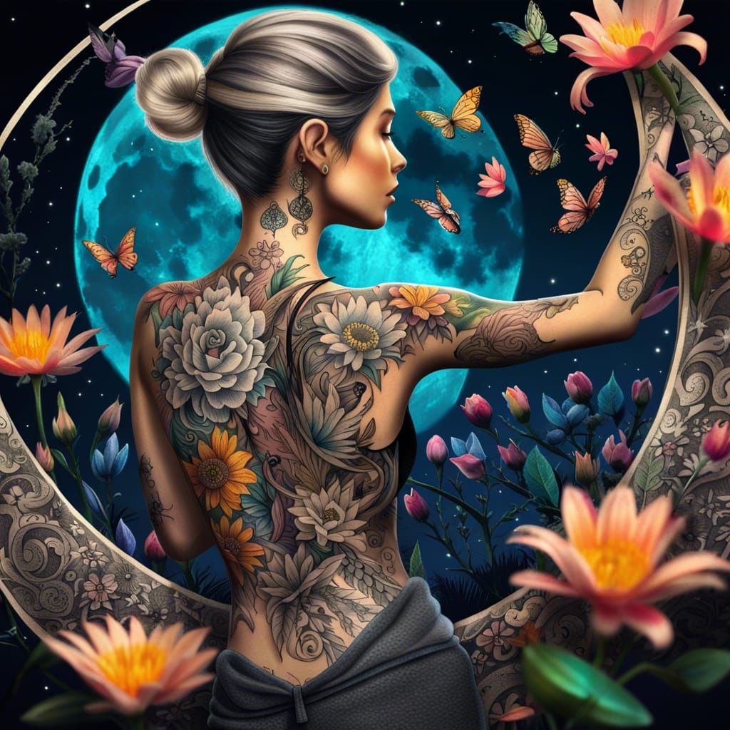 Tattoos on woman back of amazing epic black ink tinkerbell on crescent of flowers, fun moon background, ...  by @KrystofM75
