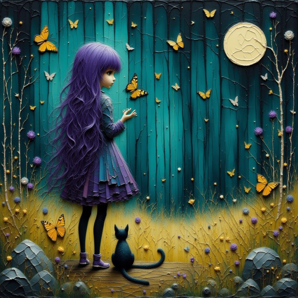 Woman and Cat in Moonlit Woodland with Butterflies