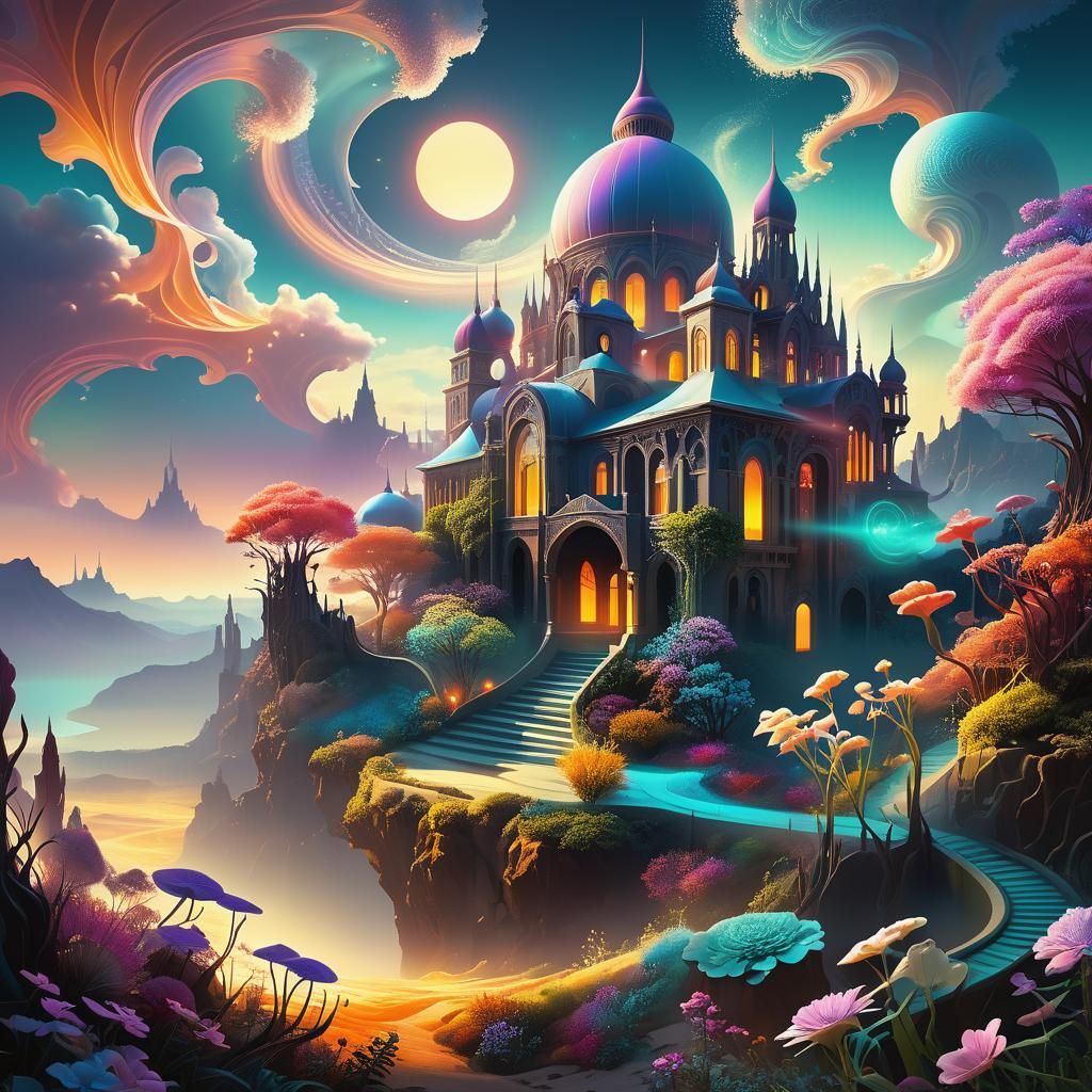 Glowing Surreal Nature Landscape with Swirling Architecture