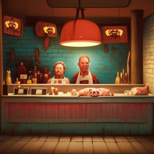 Horror, The butcher pig with the old-pig's fang-head in an a...