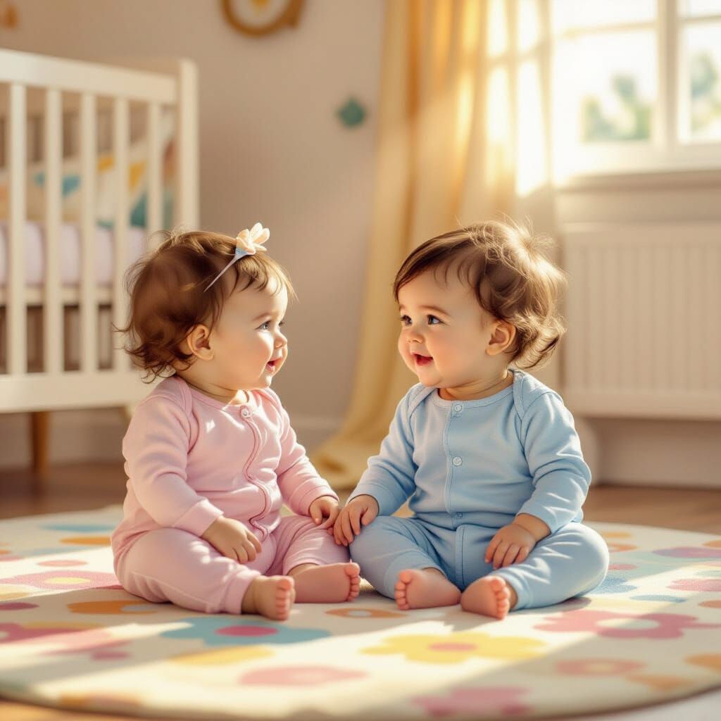 Two Babies Enjoying Music in a Sunlit Nursery