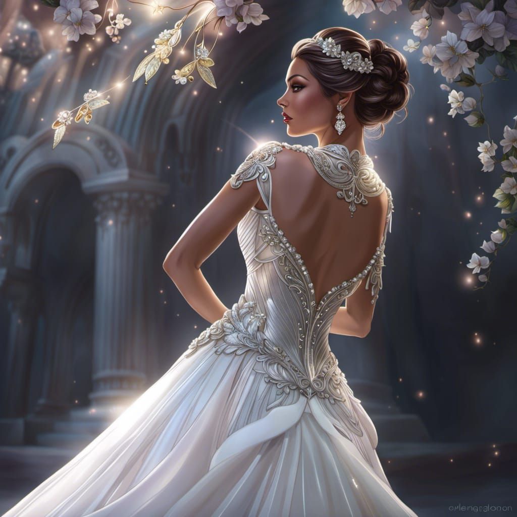 Elegant bride! wearing ornate white iridescent elegant twink...