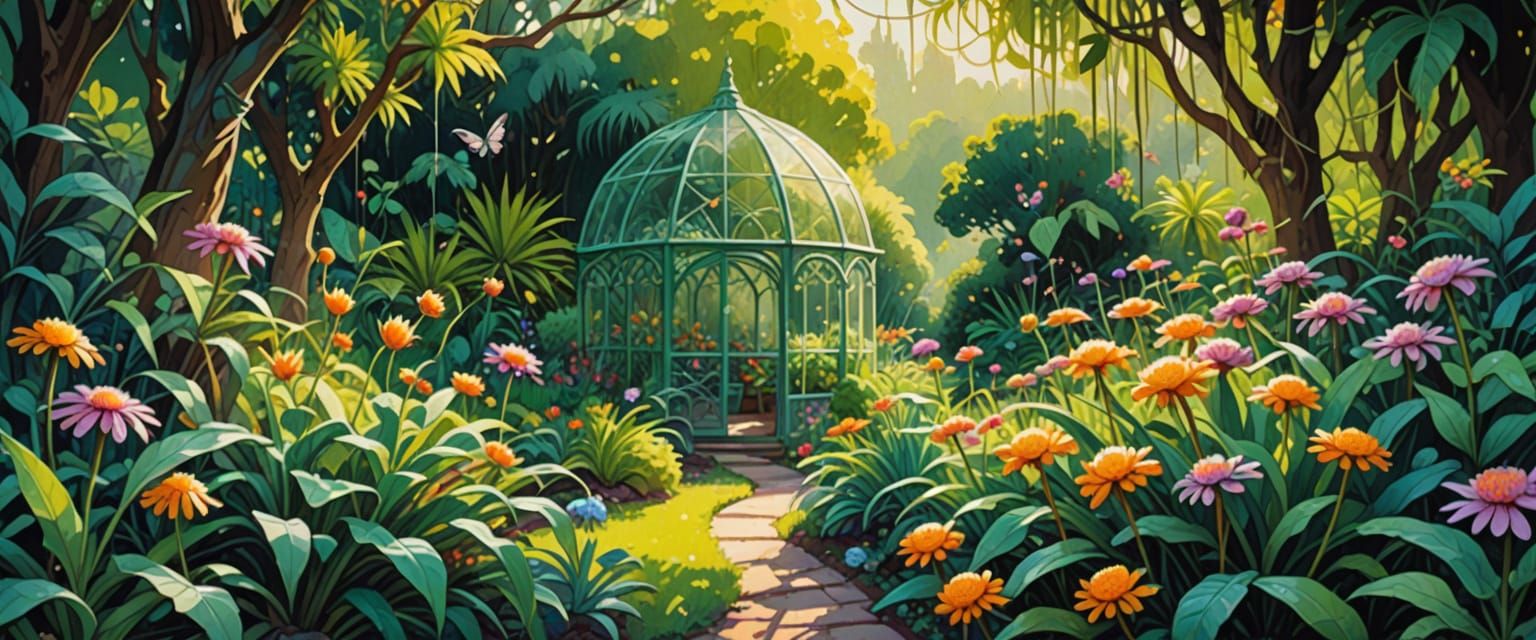 spider webs in sun glisten with dew, abandoned house, light, bright, clear daytime sky, exotic plants, flowers, watercolor, gouache, comic b...