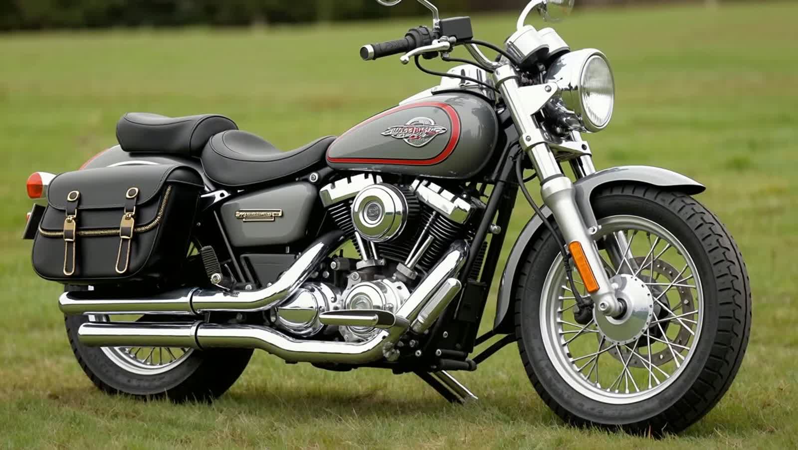 Motorcycle built for two. Full dress leather saddle bags. Lots of chrome,  fat tires. Paint that only the top painters a...