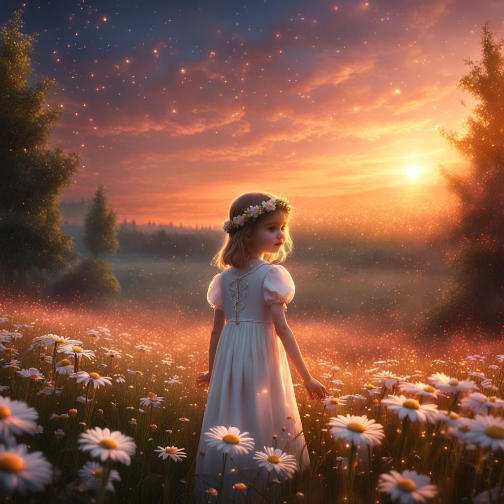 a small girl a rose peach dreamy sunset in a field of meadow...
